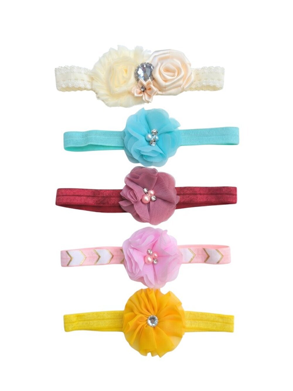 New | 5 Pack Handmade Baby Mixed Floral Lace & Chevron Headbands Set Soft